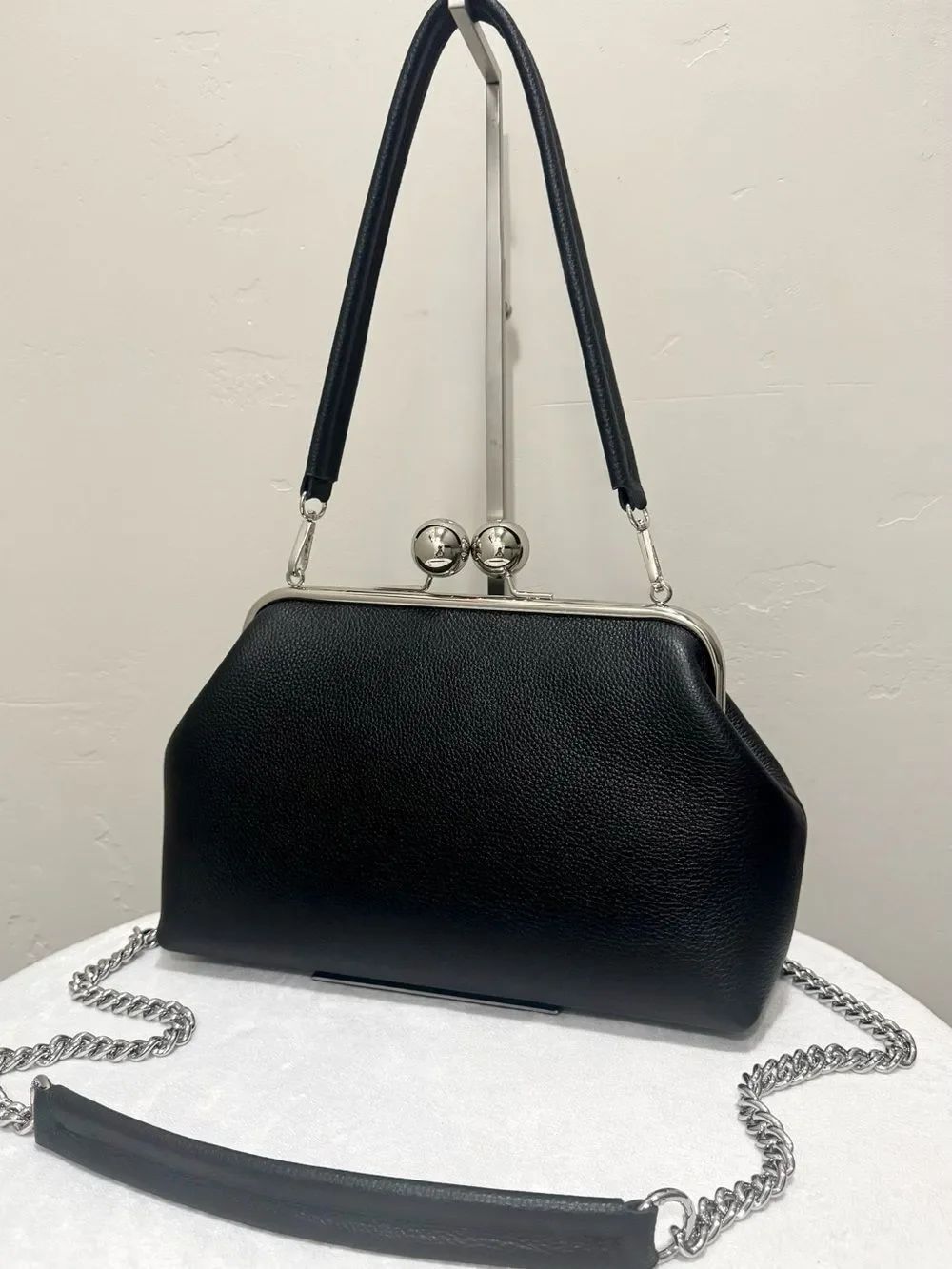 Black Togo Cowhide Calfskin Handmade Retro Style Kisslock Frame Bag, Large Size